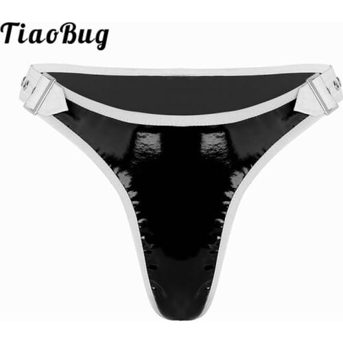 TiaoBug Women Lingerie Black Faux Leather Underwear Adjustable Waist Buckles Low Rise Bikini Thong Tanga Briefs Hot Sexy Panties