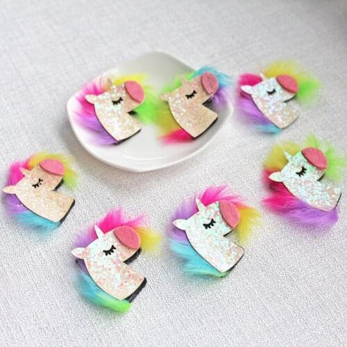 10pcs 45mm Padded Glitter Fabric Colorful Mane Unicorn Applique for DIY Decor Rainbow Horsehair Clips Baby Girl Accessories