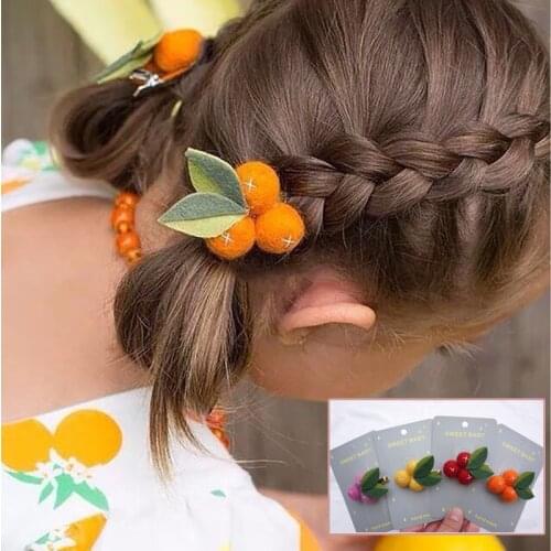 10pcs/lot Auspicious Small Orange Wool Felt Ball Little Girl Hair Clips Fruit Leaves Hairpins Handmade Barrettes Kids Headwear