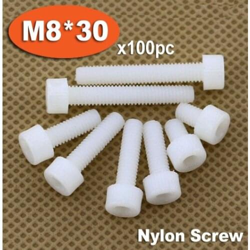 100pc DIN912 M8 x 30 White Plastic Nylon Screw Hexagon Hex Socket Head Cap Screws