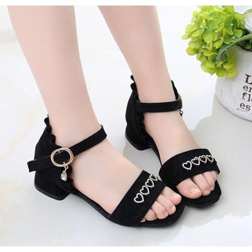 2021 Summer Sandal Girl Beach Fashion Rhinestone Princess Dance Shoes Child Pink Kid Heels Flock Shoes 3 6 7 8 10 11 12 13 Years