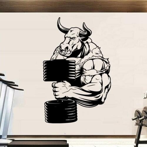 Angry Bull Dumbbell Gym Sign Wall Sticker Bull Animal Farmhouse Fitness Workout Crossfit Wall Decal Inspirational Quote Vinyl
