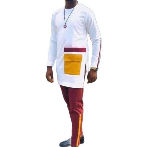 Asymmetry Design Patchwork Mens Suits Senator Style Cotton Pant Sets African Fashion Wedding Party Male Outfits Customized