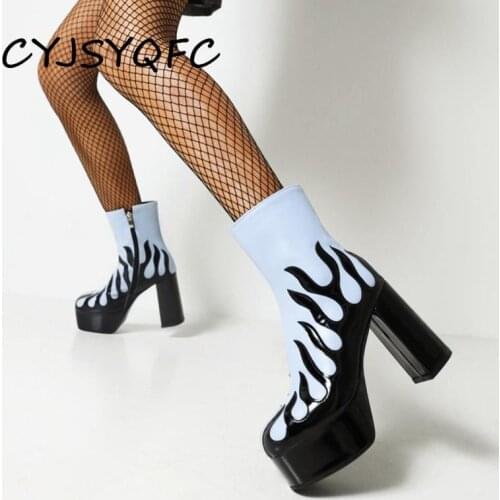CYJSYQFC New Arrival Women Platform High Heels Ankle Boots Punk Cool Street Flame Print Side Zipper Autumn Winter Ladies Shoes