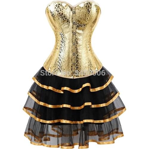 Leather corset bustiers skirts dresses tutu burlesque sexy corselet overbust costume cosplay gothic plus size gold with bling