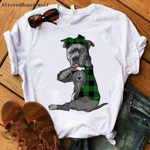 Summer Pit Bull T-shirt Women 2021 Harajuku I Love Mom print Plaid Bandana Mom T shirt Funny Short Sleeve tshirt femme Clothes