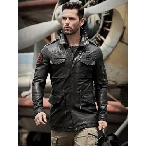 Mens Winter Real Genuine Leather long Jackets Motorcycle Flight Pilot Bomber Jackets For Men Outdoor Jacket Male Aviator Coats