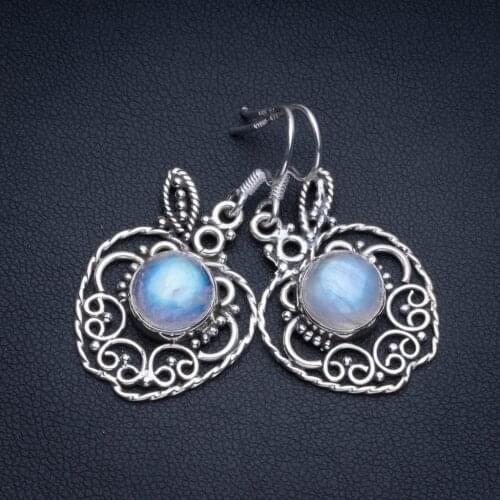 Natural Rainbow Moonstone Boho Style 925 Sterling Silver Drop Earrings 1 1/2" R1799