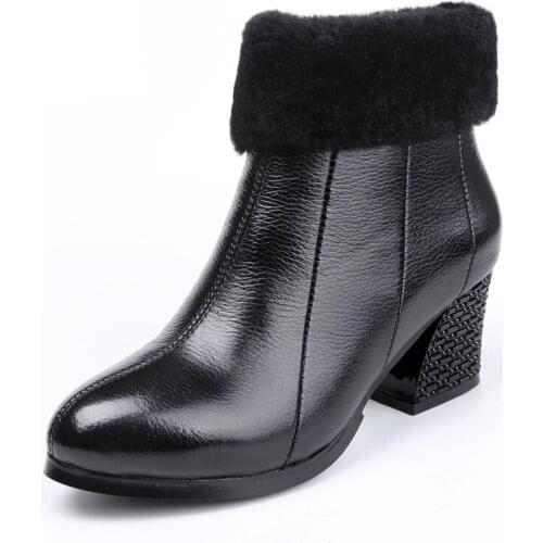 New Autumn Winter Elegant Fashion Boots Genuine Leather Boots British Style Black Shoes Womens Boots Thick with High Heel Boots