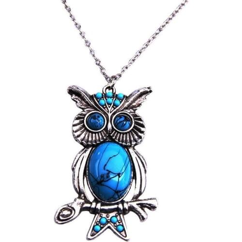 Wholesale Chinese Retro Turquoise Owl Pendant Necklace Fashion sweater chain Jewellery Hand-Carved Man Woman Luck Gifts Amulet