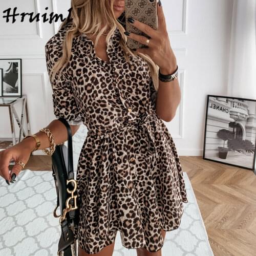 Leopard Shirt Dresses Women Long Sleeve Turn-down Collar Sashes Mini Dress Autumn Fashion Single Button Office Lady Sexy Dress