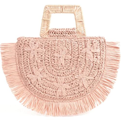 Semicircular moon bag trapezoid handle flower embroidery handbag bamboo rattan paper mixed hand-woven tassel straw bag