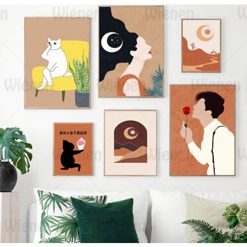 Home Decor Nordic Boho Poster Romantic Sweet Couple Cats Canvas Paintings Decor Pictures Wall Art For Living Room Bedroom Mural