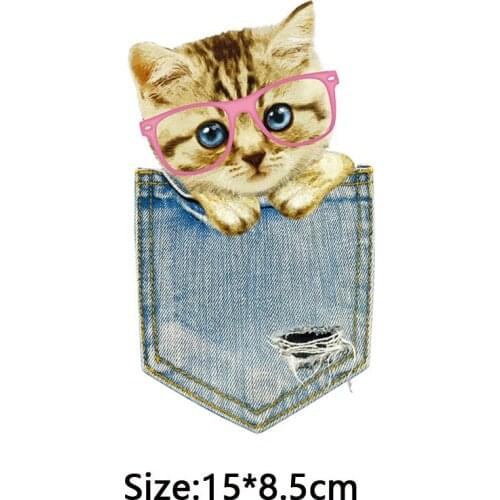 Lovely pocket cat DIY badge iron on transfer stickers On clothes vinyl stickers for clothing kids cute cat patch ironing stripe