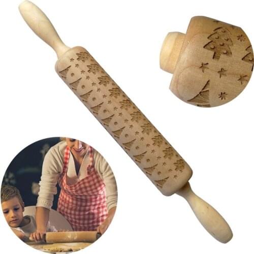 Christmas Embossed Rolling Pin Engraved Carved Wood Baking Cookies Reindeer Snowflake Biscuit Fondant Cake Dough Roller