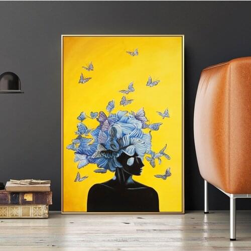 Butterfly Girl Modern Wall Art Canvas Paintings Nordic Retro Anime Poster Prints African Black Woman Picture Bederoom Wall Decor