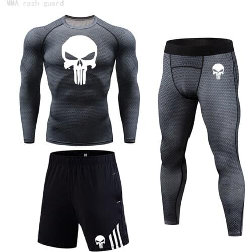 Sports Men Sportswear Running suit Quick dry gym leggings Men Compression shirt MMA rash guard male Skull T-shirt Jogging suit