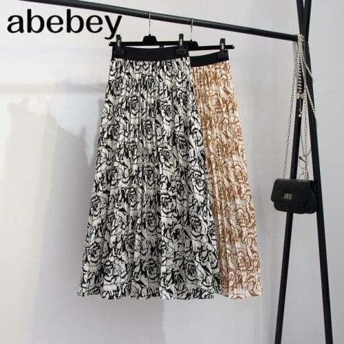 New 2021 Vintage Floral Printed Tulle Pleated Mi-long Women Skirts High Waist Loose Female Umbrella Skirts Spring Summer