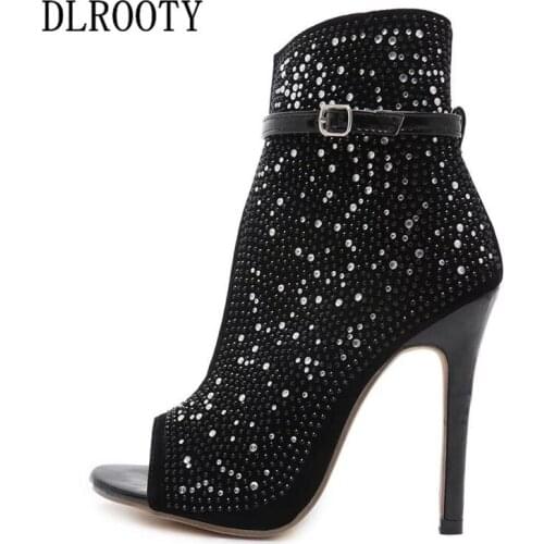 Woman Sandals Shoes Summer Style Pumps High Heels Thin Peep Toe Buckle Strap Fashion Crystal Bing Gladiator Plus Size 36-43