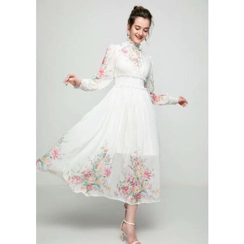 Summer Dress 2021 Ladies Elastic Waist White Elegant Long Sleeve Floral Print Long Dress Boho Holiday Beach Dress