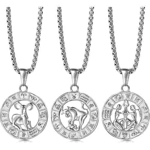Womens Silver Color Pendant Necklace 12 Zodiac Sign Constellation Stainless Steel Link Chain Dropshipping Jewelry LKP656X1