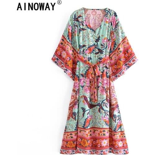 Vintage chic women green Peacock floral print bat sleeve beach Bohemian dresses Kimono Ladies V neck Boho maxi dress vestidos