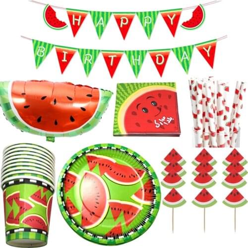 76pcs/lot Watermelon Theme Straws Balloons Birthday Party Banner Plates Cups Decor Kids Favors Napkins Baby Shower Cake Toppers