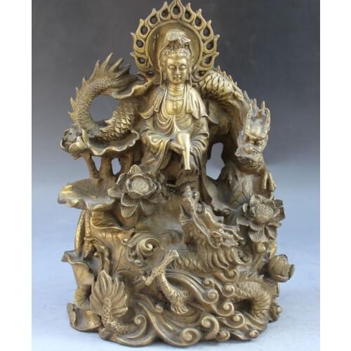 Bi001419 10"Chinese Bronze Stand Lotus Dragon Kwan-yin Guanyin Goddess Buddha Vase Statue