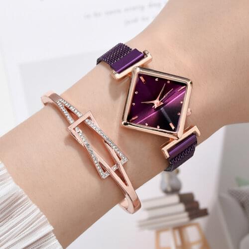 Simple Rhombus Women Watches & Bracelets Set Dial Luxury Stainless Steel Bangle Bracelet Watch Ladies Quartz Wristwatch Gifts