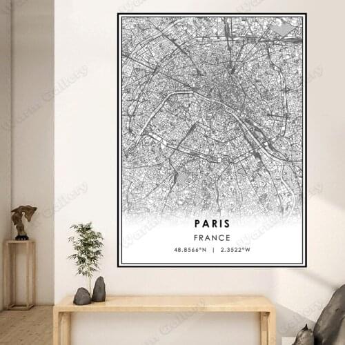 Black and White France City Map The Paris ​City Map Poster HD Print Wall Art Canvas Nordic Landscape Painting For Home Decor