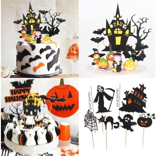 Cyuan Halloween Cake Toppers Cupcake topper Pumpkin bat ghost witch castle cat Cake Flags Halloween Decoration cake Supplies