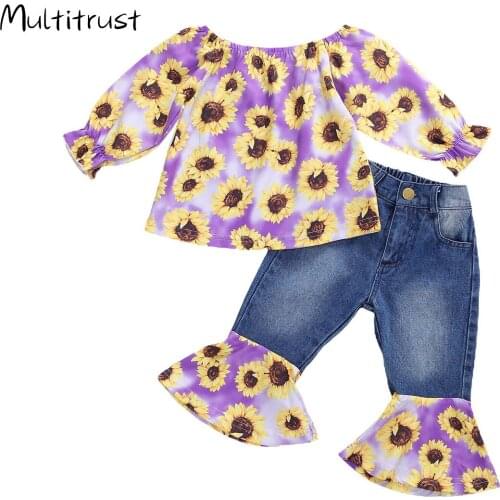 Children Girl Clothes Off Shoulder Suit Sunflower Print Long Sleeve Top +Long Flared Jeans Trousers Set for Spring Autumn