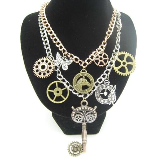 Two Rows Chain Layered With Mult Gears and Animal Charms Owl Look Key Pendant Steampunk Vintage Necklace