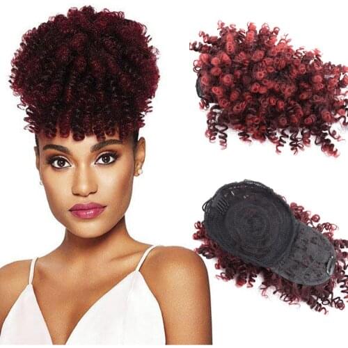 Short Kinky Curly Chignon With Bangs Synthetic Hair Bun Drawstring Ponytail Afro Puff Hairpiece For Women Clip in Hair Extension