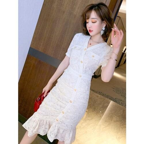 Top Quality V-neck Summer dress with oblique breasted lace pleated lotus leaf