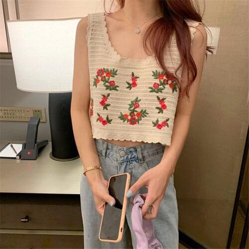 Summer Boho Beach Thank Tops Women Sleeveless Floral Embroidery Crochet Vest Female Chic Fashion Tee Shirt Femme