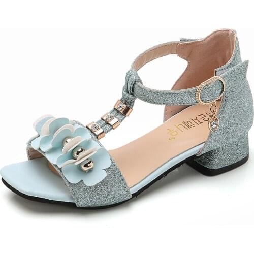 Fashion girls shoes popular sandals for girl dance dress shoes rhinestone flower metal decoration kids sandals children shoes