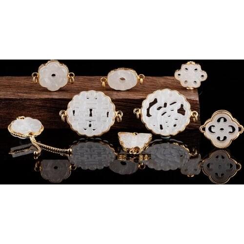 Natural Nephrite Sheep Fat Jade White Jade Hollow Carving Fuxi Chinese Knot Edged Silver Jewelry Accessories