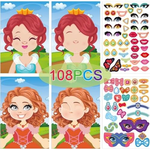 New Funny Princess Stickers Reusable Puzzle Sticker Games For Children Girls Gifts DIY Eyes Lips Crown Sticky Dress Up Toys Gift