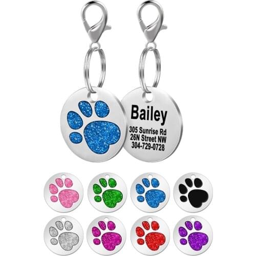 Personalized Dog Cat Tags Engraved Cat Dog Puppy Pet ID Name Collar Tag Pendant Pet Accessories Paw Glitter Pendant