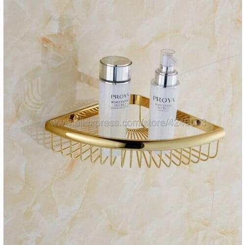Bathroom Shelves Golden Brass Metal Shower Corner Shelf Wall Mount Shampoo Storage Shelf Rack Bathroom Basket Holder Kba099