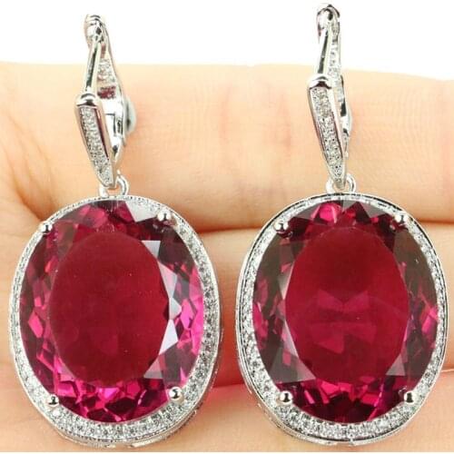 40x21mm Deluxe Jewelry Set 17.5g Big Oval 22x18mm Created Pink Tourmaline White Cz Womans Bride Wedding Silver Pendant Earrings