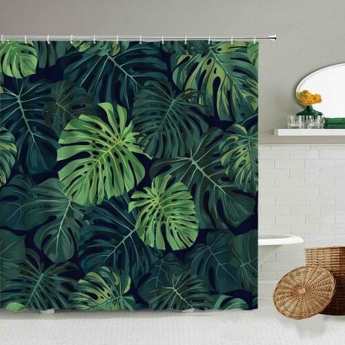 Nordic Tropical Green Plant Shower Curtain Palm Tung Turtle Leaf Black Background Bathroom Waterproof Polyester Cloth Curtains