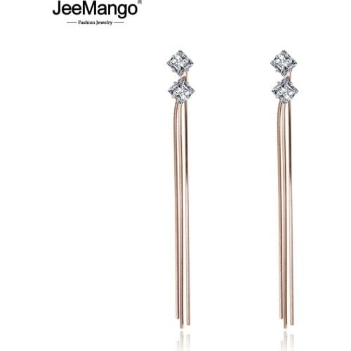 JeeMango Bohemia Style CZ Crystal Inlayed Stainless Steel Earrings Jewelry Trendy Rose Gold Tassel Earrings For Women JE18102