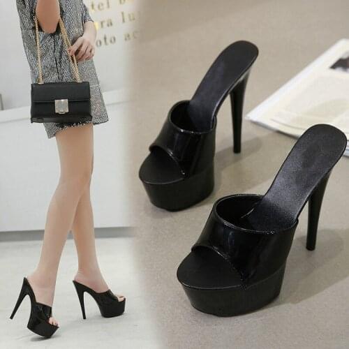 2020 New Patent Leather 15cm Super High Heel Stiletto Sexy Waterproof Platform High-heeled Sandals Female Summer Slippers tyu7