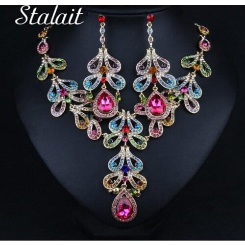 Vintage Crystal Bridal Jewelry Sets Leaf Shape Wedding Necklace Earrings Beads Rhinestone Jewelry Sets Women Choker Accessories