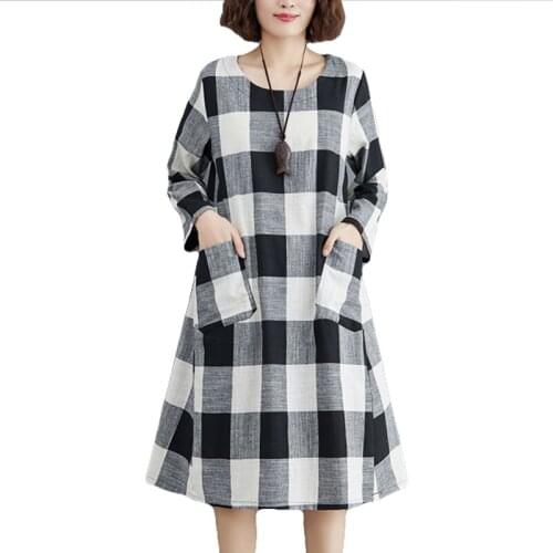 Long Sleeve Spring Dress Cotton Linen Plaid Vintage Dress Poecket O-neck Women Casual Dress Plus Size female Midi Party Dress