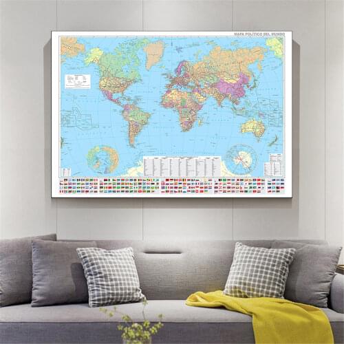 150*100cm The Spanish World Map with National Flags and Important Cities Wall Poster Canvas Painting Home Decor School Supplies