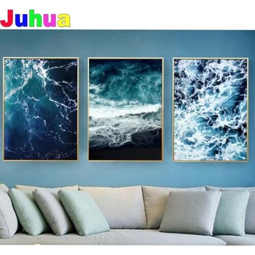3d diamond painting cross stitch Blue Ocean modern romantic artwork,5d,diamond embroidery Triptych Waves mosaic crafts