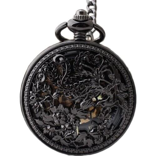 DHL Shipping Black Phoenix Skeleton Mechanical Roman Dial Pocket Watch with Chain Men Women Pocket Watches 10pcs/lot Wholesale